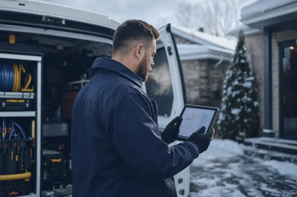 Un technicien en CVAC consulte une tablette à côté de son camion de service, un matin d'hiver.